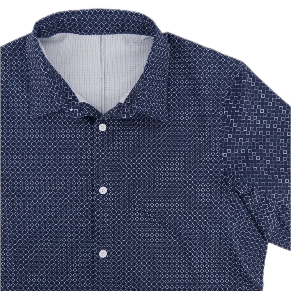 Lululemon Mens M Airing Easy Short-Sleeve Shirt Button Navy Geometric Commuter